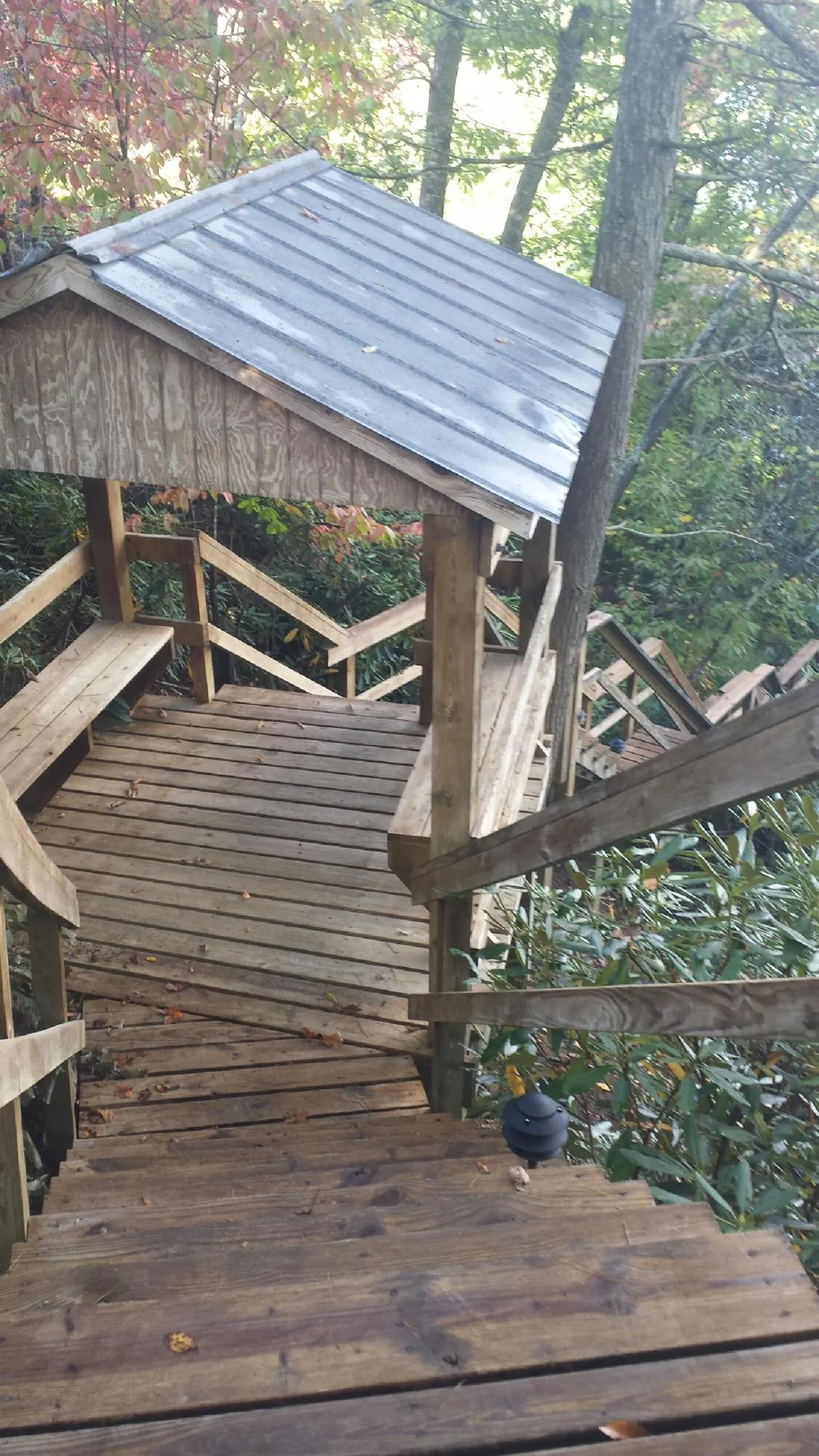 Metal roofed shelter over wooden steps on a wooded walkway — Skylight Repair & Installation work by our crew in Fishers